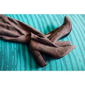 Suede Thigh High Grey Heeled Boots